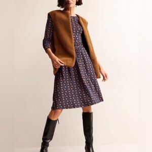 Boden Abigail Long Sleeve Crew Neck Jersey Dress | Blue Geometric | NWT | Size 6
